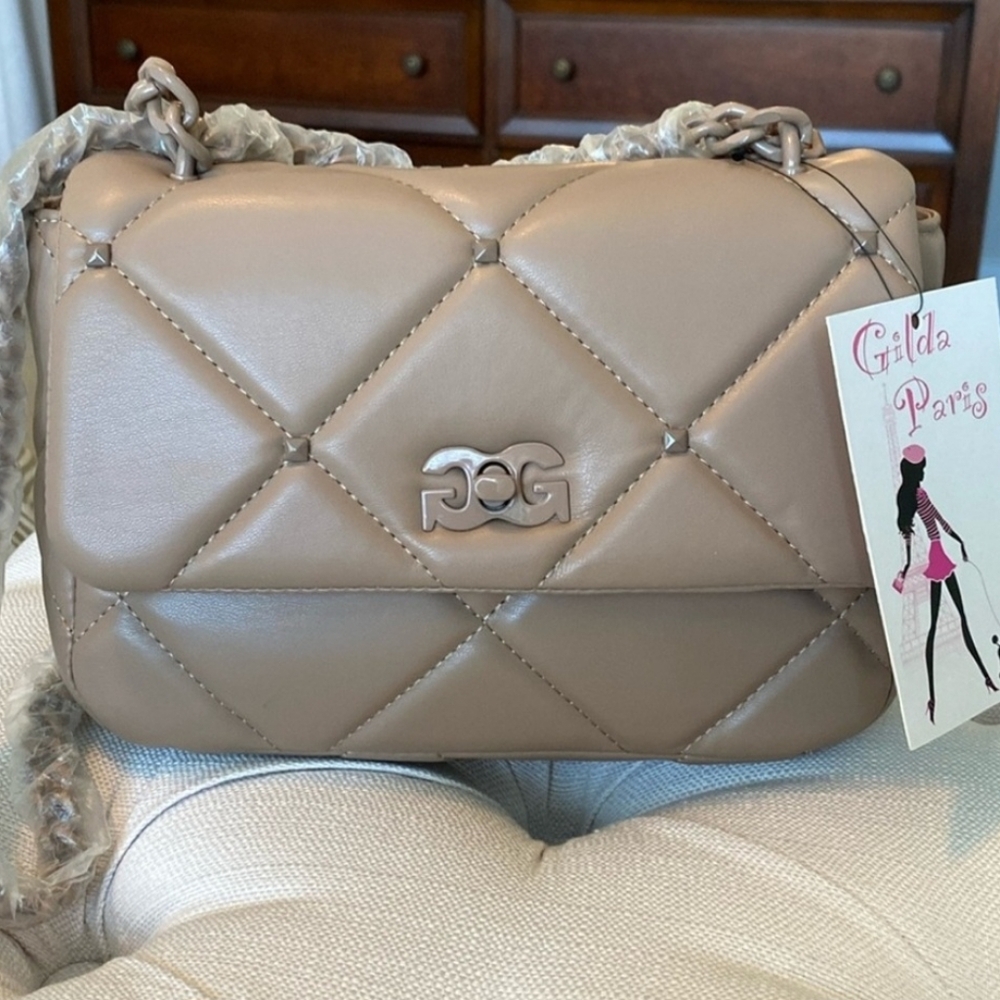 NWT Gilda Paris Quilted Taupe Crossbody, Long And Short Chain - Picture 2 of 9